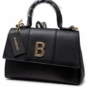 bebe Black Top-Handle Satchel with Gold 'B' Accent